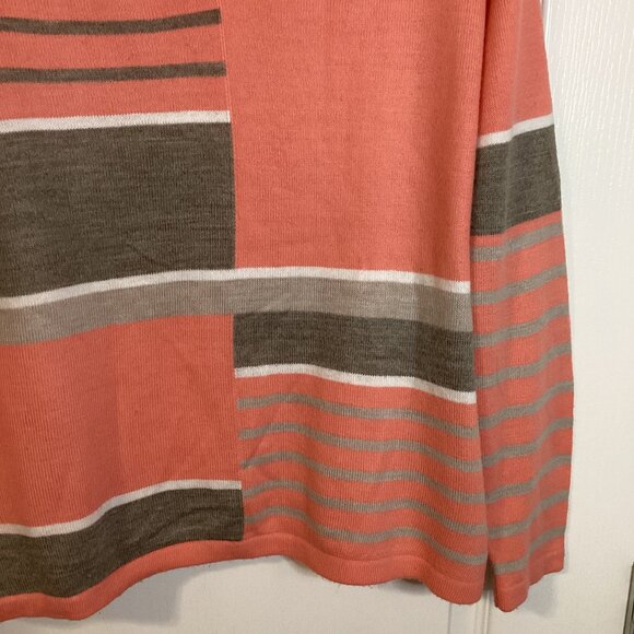 Alia Women's Sweater Size Petite (PL) Peach Gray Striped V-Neck Thin Lightweight - Picture 3 of 7